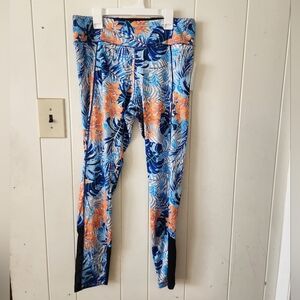 2xist Leggings in Blue and Orange Leaf Print Size L